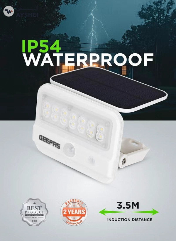 GEEPAS Solar LED Wall Light- GESL55145/ Energy Efficient Design with Motion Sensor and Dual Induction Modes/ Solar DC Input, IP54 Waterproof Rating/ 10-12 Hours Working, Perfect for Porches, Patios, Outdoor Space, etc.