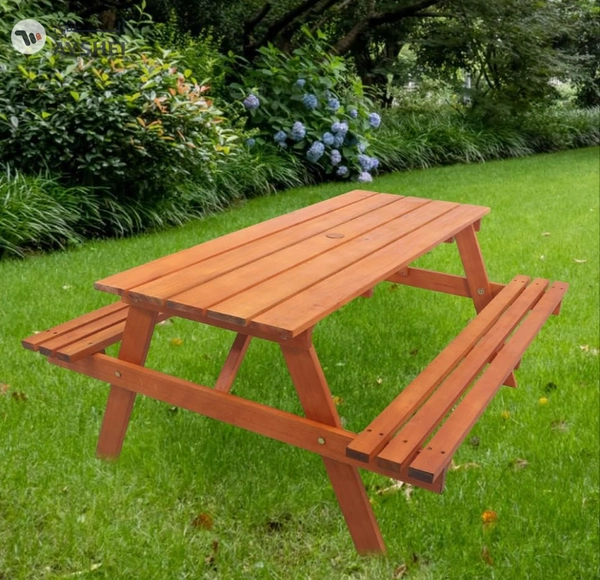 Yatai Decor Outdoor Acacia Wood Table & Bench Set With Umbrella Hole