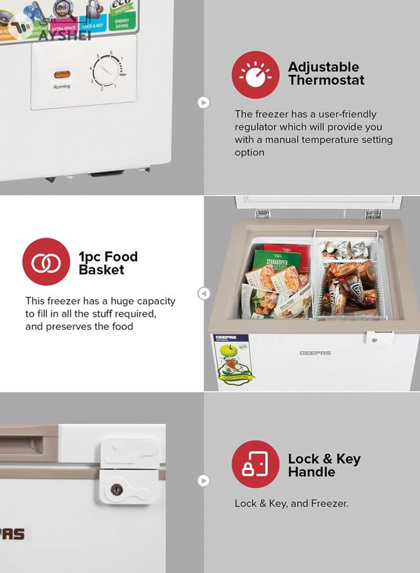  GEEPAS 120L Gross/100L Net Capacity Free Standing Chest Freezer With Compressor Switch Off Function, LED Light, Lock & Key, High Efficiency Monolithic Foaming, 1 Food Basket, Adjustable Thermostat 120 L 100 W GCF1206WAH White