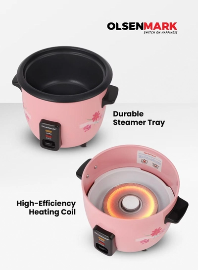 Olsenmark 0.6 L Multifunctional Rice Cooker With Non-Stick Inner Pot With Cool Touch Handle/Includes Cook And Keep Warm Functions, Equipped With Tempered Glass Lid, Rice Spoon, Plastic Inner Steamer And Measuring Cup 0.6 L 350 W OMRC2350H Pink/Silver-1