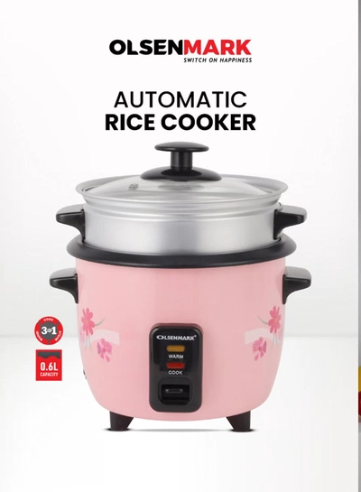 Olsenmark 0.6 L Multifunctional Rice Cooker With Non-Stick Inner Pot With Cool Touch Handle/Includes Cook And Keep Warm Functions, Equipped With Tempered Glass Lid, Rice Spoon, Plastic Inner Steamer And Measuring Cup 0.6 L 350 W OMRC2350H Pink/Silver-0