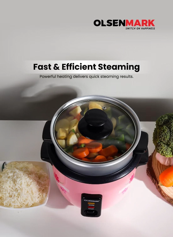 Olsenmark 0.6 L Multifunctional Rice Cooker With Non-Stick Inner Pot With Cool Touch Handle/Includes Cook And Keep Warm Functions, Equipped With Tempered Glass Lid, Rice Spoon, Plastic Inner Steamer And Measuring Cup 0.6 L 350 W OMRC2350H Pink/Silver