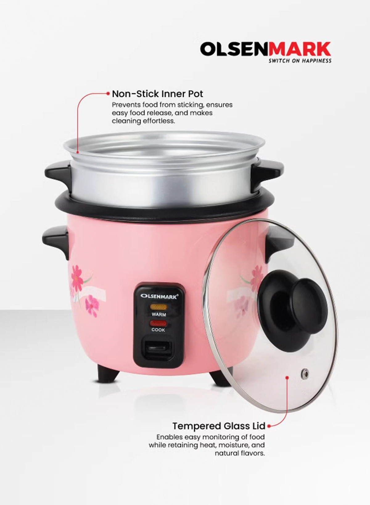 Olsenmark 0.6 L Multifunctional Rice Cooker With Non-Stick Inner Pot With Cool Touch Handle/Includes Cook And Keep Warm Functions, Equipped With Tempered Glass Lid, Rice Spoon, Plastic Inner Steamer And Measuring Cup 0.6 L 350 W OMRC2350H Pink/Silver-4-4