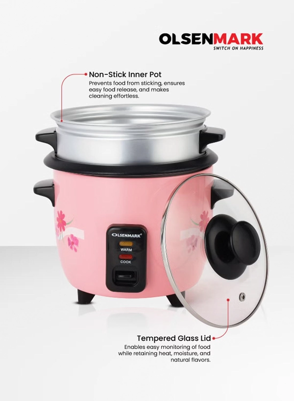 Olsenmark 0.6 L Multifunctional Rice Cooker With Non-Stick Inner Pot With Cool Touch Handle/Includes Cook And Keep Warm Functions, Equipped With Tempered Glass Lid, Rice Spoon, Plastic Inner Steamer And Measuring Cup 0.6 L 350 W OMRC2350H Pink/Silver