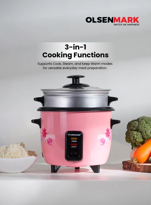 Olsenmark 0.6 L Multifunctional Rice Cooker With Non-Stick Inner Pot With Cool Touch Handle/Includes Cook And Keep Warm Functions, Equipped With Tempered Glass Lid, Rice Spoon, Plastic Inner Steamer And Measuring Cup 0.6 L 350 W OMRC2350H Pink/Silver