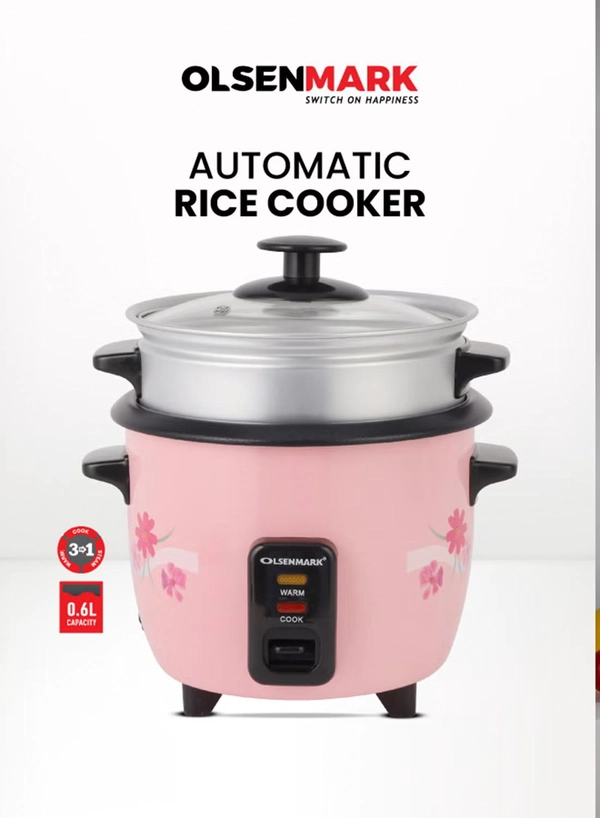 Olsenmark 0.6 L Multifunctional Rice Cooker With Non-Stick Inner Pot With Cool Touch Handle/Includes Cook And Keep Warm Functions, Equipped With Tempered Glass Lid, Rice Spoon, Plastic Inner Steamer And Measuring Cup 0.6 L 350 W OMRC2350H Pink/Silver