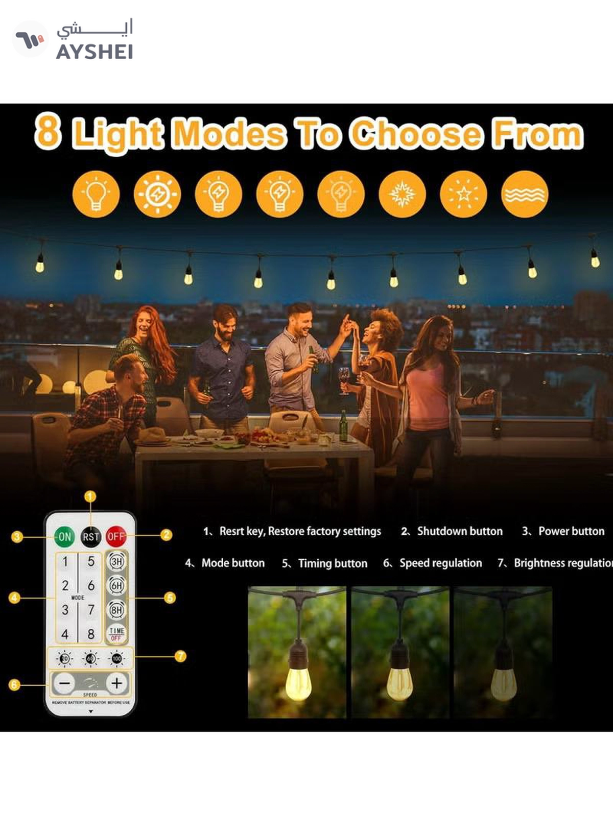 Yuwell Outdoor Waterproof IP65 Led String Lights E27 Holder 15 Meter Bulb Holder Wire With 30 Bulbs 4W G45 Clear With EU Plug Solar Bulb Holder For Ramadan Decoration Lights And Outdoor Decoration Light Hanging Light 6000mAh & USB-C, String Lights With Remote Control And 8 Modes Ramadan Light With Cable Ties-1-1