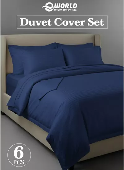 Eworld Premium Striped Duvet Set All Season – 6-Pieces Set Navy Blue | King Size 220x240 cm | Ultra-Soft, Wrinkle-Resistant & Made in Dubai | Includes Duvet Cover, Fitted Sheet (200x200 cm) & 4 Pillowcases (50x70 cm)-0