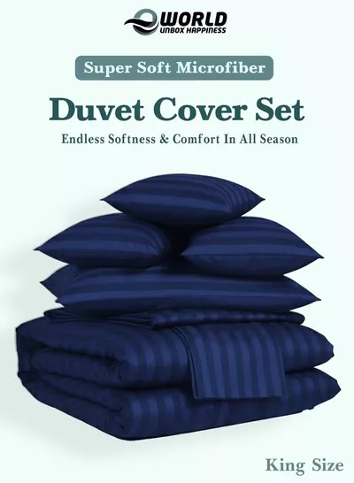 Eworld Premium Striped Duvet Set All Season – 6-Pieces Set Navy Blue | King Size 220x240 cm | Ultra-Soft, Wrinkle-Resistant & Made in Dubai | Includes Duvet Cover, Fitted Sheet (200x200 cm) & 4 Pillowcases (50x70 cm)-3