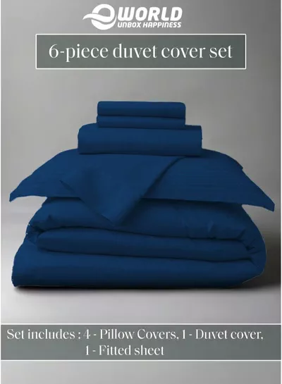 Eworld Premium Striped Duvet Set All Season – 6-Pieces Set Navy Blue | King Size 220x240 cm | Ultra-Soft, Wrinkle-Resistant & Made in Dubai | Includes Duvet Cover, Fitted Sheet (200x200 cm) & 4 Pillowcases (50x70 cm)-2