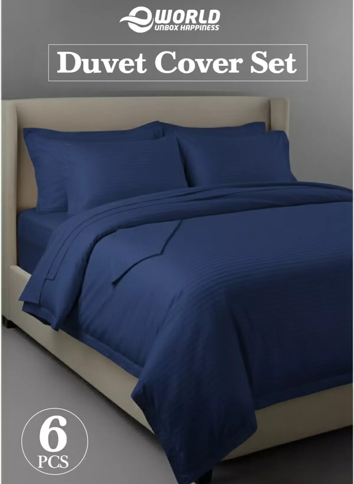 Eworld Premium Striped Duvet Set All Season – 6-Pieces Set Navy Blue | King Size 220x240 cm | Ultra-Soft, Wrinkle-Resistant & Made in Dubai | Includes Duvet Cover, Fitted Sheet (200x200 cm) & 4 Pillowcases (50x70 cm)