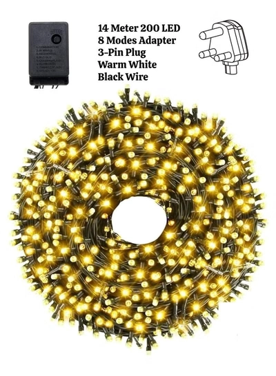 Yuwell 14 Meter 200 LED String Lights Decoration Lights Warm White Light 8 Modes Led Light Black Wire For Home Decorations Ramadan Lights Indoor & Outdoor Decoration Ramadan Decoration Light Diwali Lights Curtain Lights With 3-Pin UK Plug-2