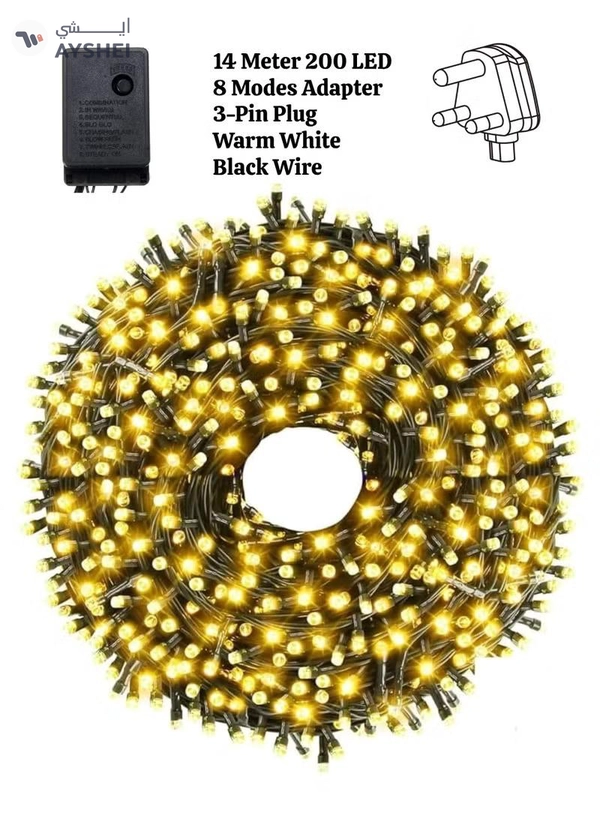 Yuwell 14 Meter 200 LED String Lights Decoration Lights Warm White Light 8 Modes Led Light Black Wire For Home Decorations Ramadan Lights Indoor & Outdoor Decoration Ramadan Decoration Light Diwali Lights Curtain Lights With 3-Pin UK Plug