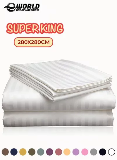 3 Piece Super King White Striped Bed Sheet Set – Ultra-Soft Microfiber Striped Sheet & 2 Pillowcases, Breathable Luxury Bedding for Home & Hotel Use-0