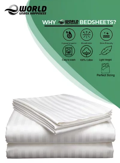 3 Piece Super King White Striped Bed Sheet Set – Ultra-Soft Microfiber Striped Sheet & 2 Pillowcases, Breathable Luxury Bedding for Home & Hotel Use-1
