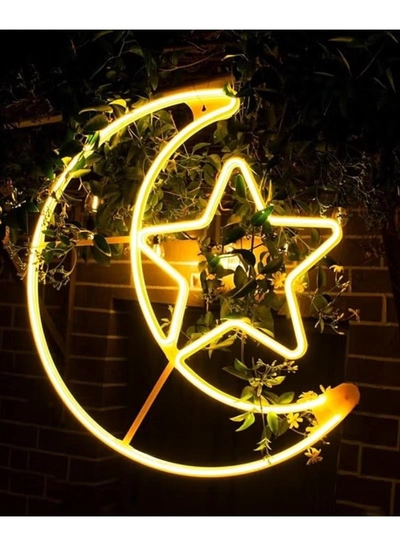 Yuwell Ramadan LED String Light Yellow Moon And Star For Indoors Home Decor Outdoors Decorations Ramadan Celebration Light 25CM With UK Plug 3-Pin Plug-0