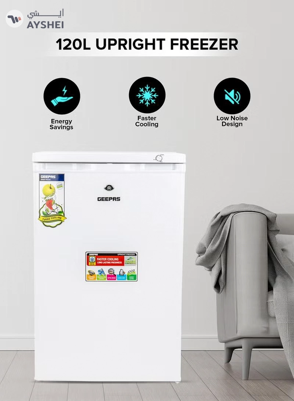 GEEPAS 120L Gross/ 85L Net Capacity Upright Freezer With Tropical Compressor, No Fan, Recessed Handle, Lock & Key, 4 Crystal Freezer Drawers, Adjustable Thermostat, 100% HCF & FCKW Free, Inside Condensor 0 W GRFU1206 White