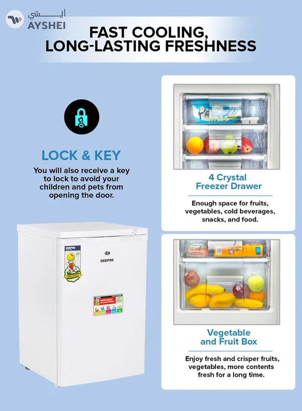 GEEPAS 120L Gross/ 85L Net Capacity Upright Freezer With Tropical Compressor, No Fan, Recessed Handle, Lock & Key, 4 Crystal Freezer Drawers, Adjustable Thermostat, 100% HCF & FCKW Free, Inside Condensor 0 W GRFU1206 White