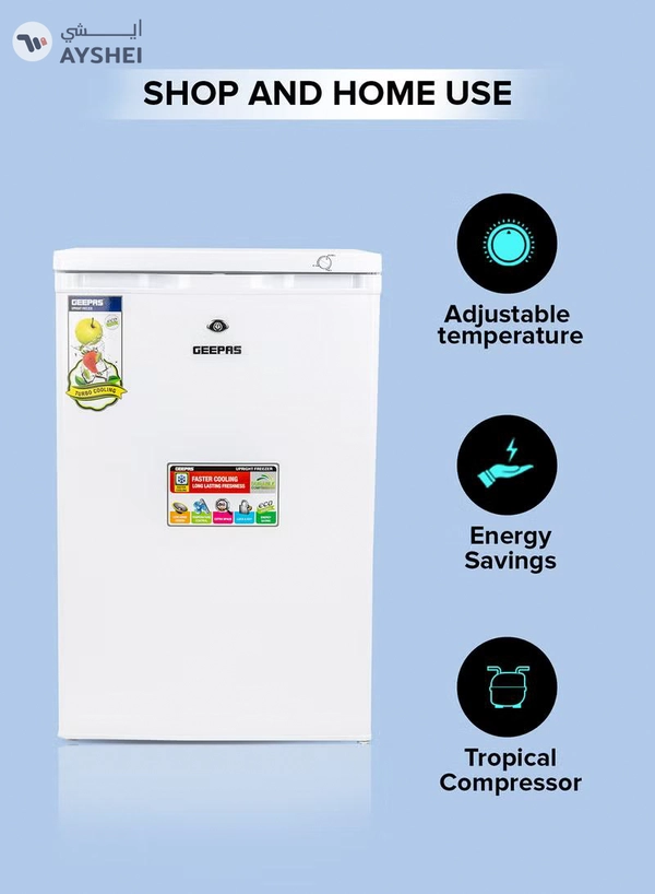 GEEPAS 120L Gross/ 85L Net Capacity Upright Freezer With Tropical Compressor, No Fan, Recessed Handle, Lock & Key, 4 Crystal Freezer Drawers, Adjustable Thermostat, 100% HCF & FCKW Free, Inside Condensor 0 W GRFU1206 White