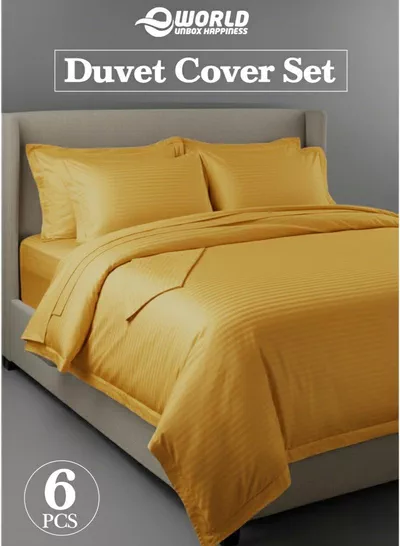 Premium Striped Duvet Set All Season – 6-Pieces Set Gold | King Size 220x240 cm | Ultra-Soft, Wrinkle-Resistant & Made in Dubai | Includes Duvet Cover, Fitted Sheet (200x200 cm) & 4 Pillowcases (50x70 cm)-0