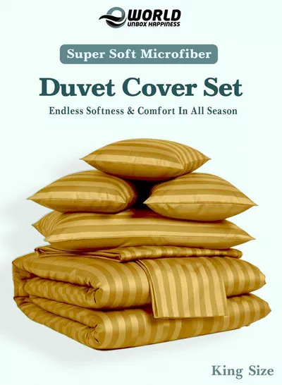 Premium Striped Duvet Set All Season – 6-Pieces Set Gold | King Size 220x240 cm | Ultra-Soft, Wrinkle-Resistant & Made in Dubai | Includes Duvet Cover, Fitted Sheet (200x200 cm) & 4 Pillowcases (50x70 cm)-2