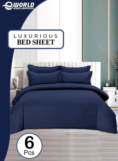 Eworld 6-Piece Premium King Size Bedding Set, Navy Blue Striped Design -0