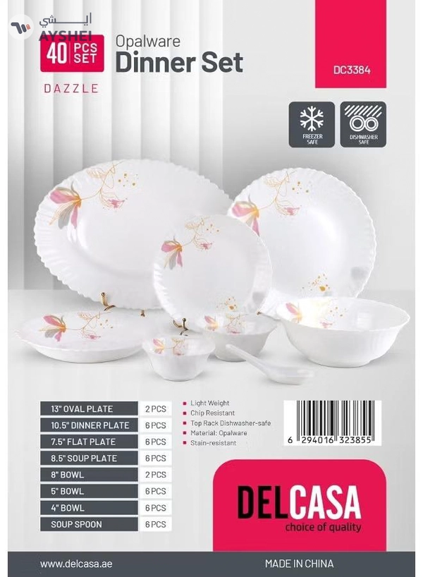 Delcasa DC3384 Opalware Dinner 40-Pieces Set, White/Pink
