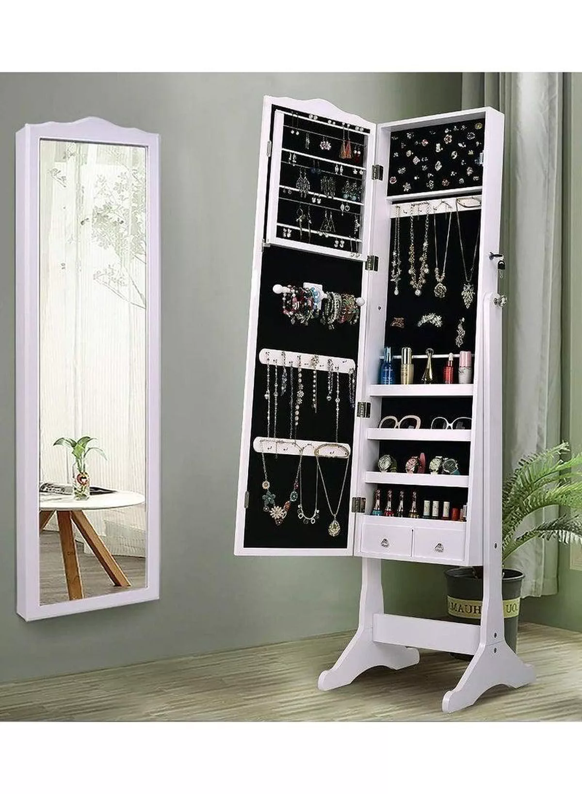Jewelry Cabinet Armoire Large Storage Lockable Organizer with Frameless Free Standing Dressing Mirror