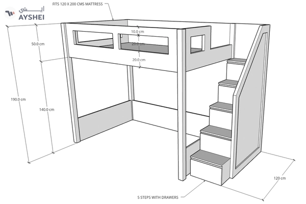 Elega Loft Bed, fits 120 x 200 cms Mattress