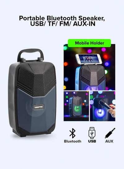 GEEPAS Portable Bluetooth Speaker With Microphone | Large Circle Dazzle LED Light Black/ Blue Black/ Blue-3