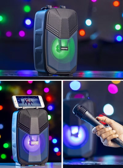 GEEPAS Portable Bluetooth Speaker With Microphone | Large Circle Dazzle LED Light Black/ Blue Black/ Blue-2