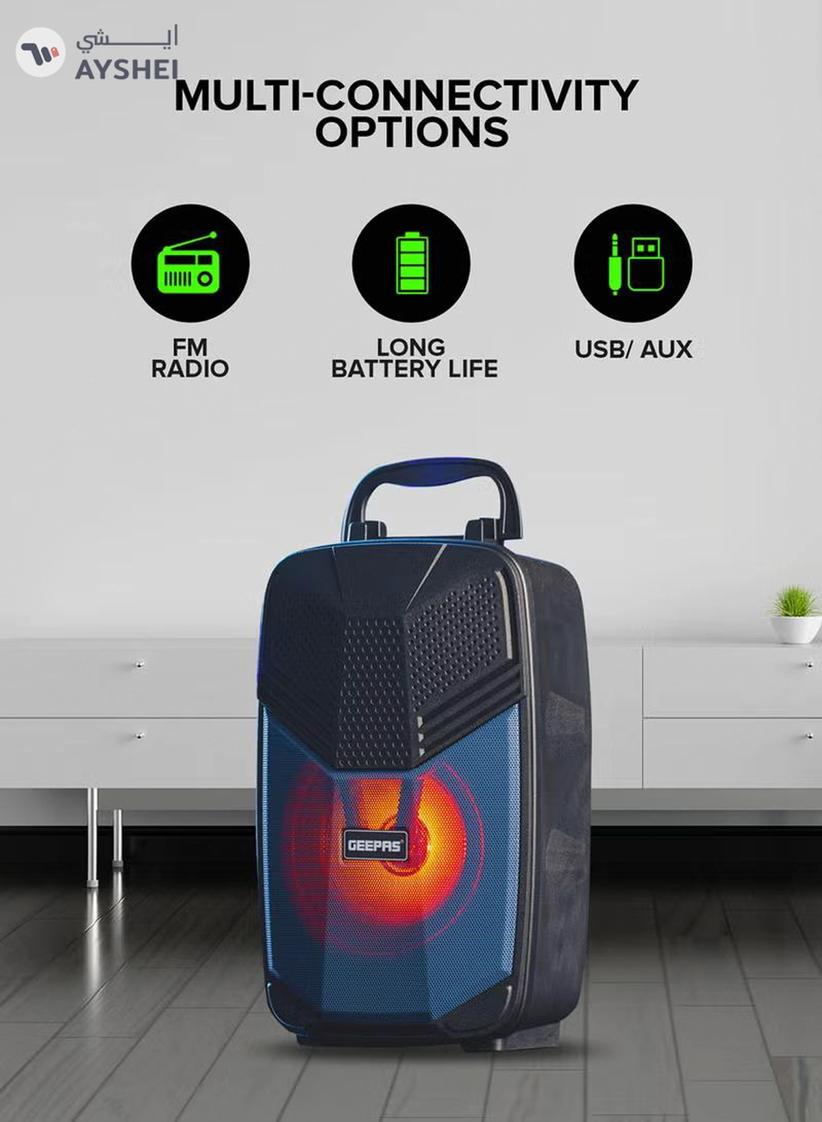 GEEPAS Portable Bluetooth Speaker With Microphone | Large Circle Dazzle LED Light Black/ Blue Black/ Blue-4-4