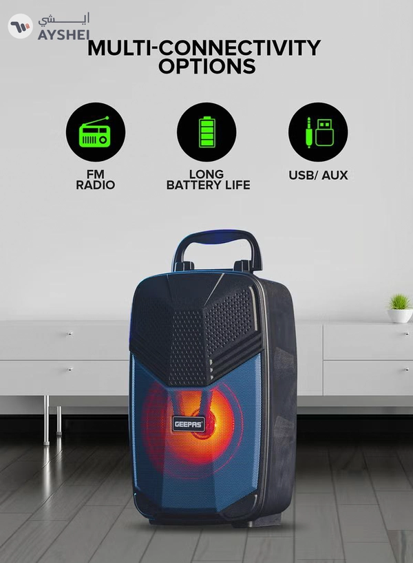 GEEPAS Portable Bluetooth Speaker With Microphone | Large Circle Dazzle LED Light Black/ Blue Black/ Blue