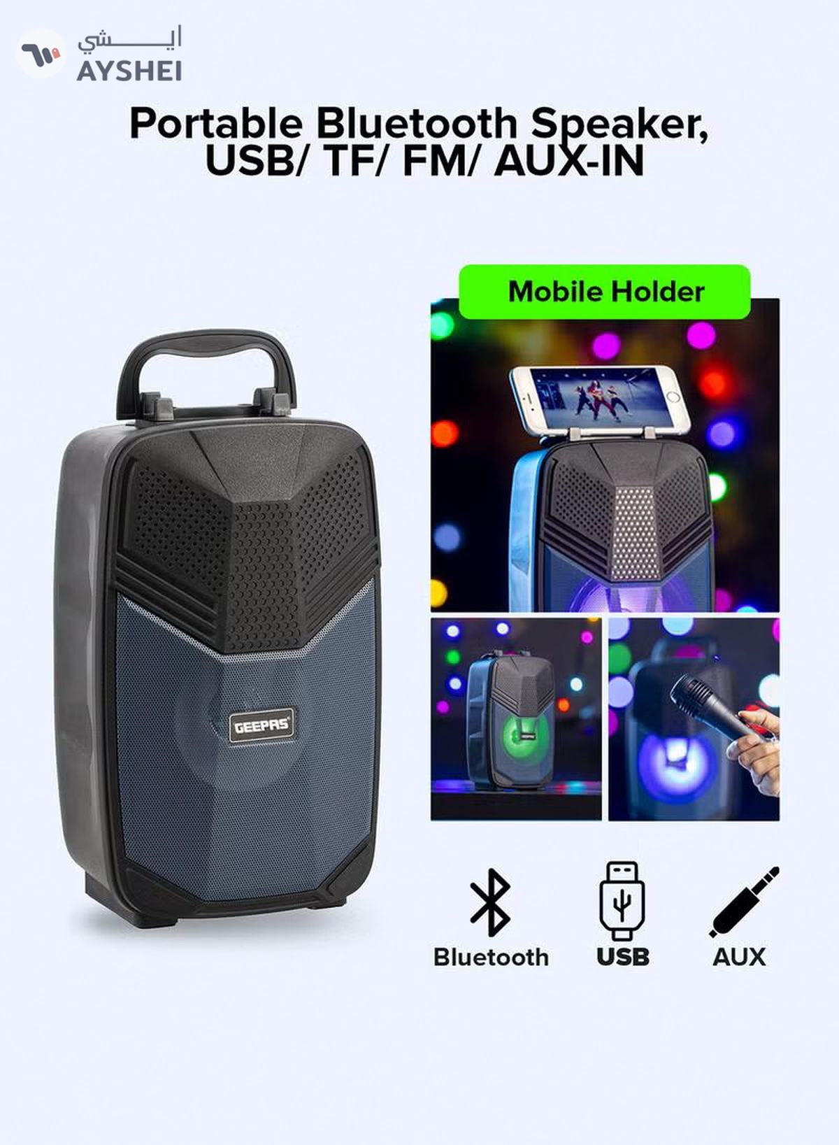 GEEPAS Portable Bluetooth Speaker With Microphone | Large Circle Dazzle LED Light Black/ Blue Black/ Blue-3-3