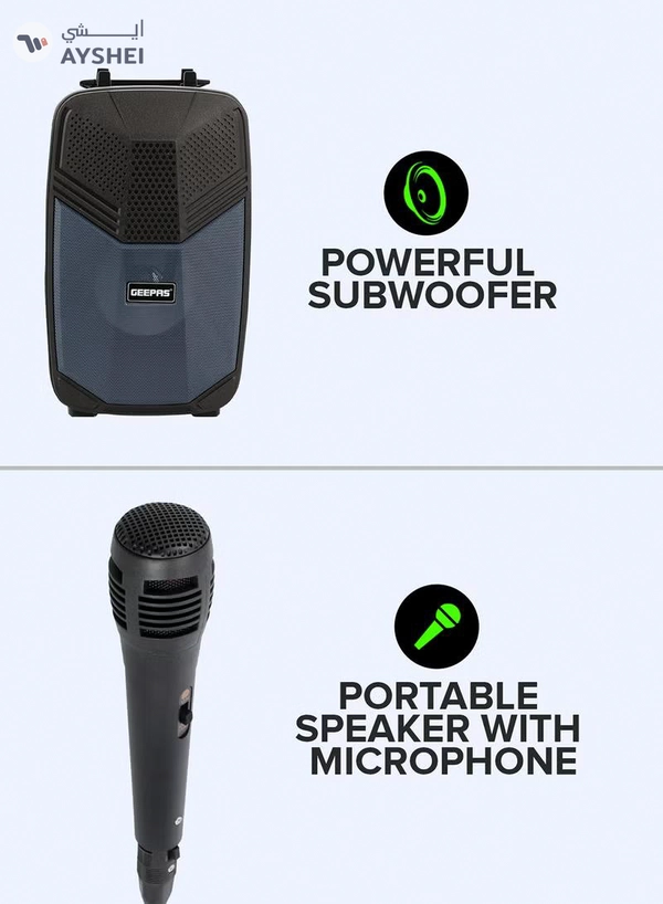 GEEPAS Portable Bluetooth Speaker With Microphone | Large Circle Dazzle LED Light Black/ Blue Black/ Blue