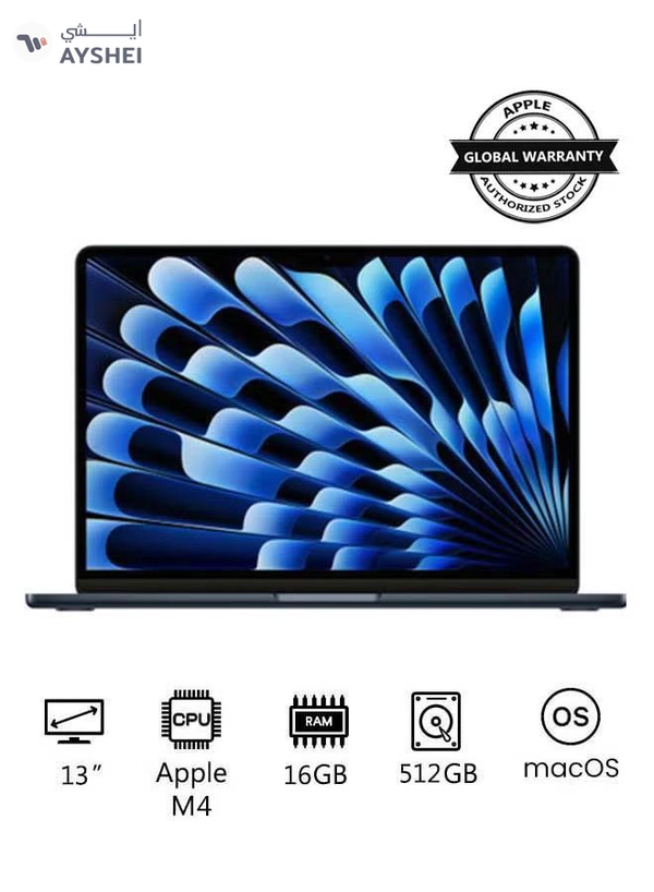Apple New 2025 MacBook Air MW133 13-Inch Display, Apple M4 Chip 10-Core CPU 10-Core GPU Processor/16GB RAM/512GB SSD/macOS(International Version) English Midnight