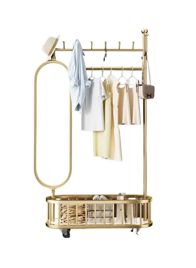  Dubai Gallery 3 In 1 Luxury Floor Standing Rotatable Clothes Hanger with Full Length Dressing Mirror, Storage Hooks and Basket, Universal Wheels, Gold Finish 80cm-2