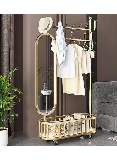  Dubai Gallery 3 In 1 Luxury Floor Standing Rotatable Clothes Hanger with Full Length Dressing Mirror, Storage Hooks and Basket, Universal Wheels, Gold Finish 80cm-0