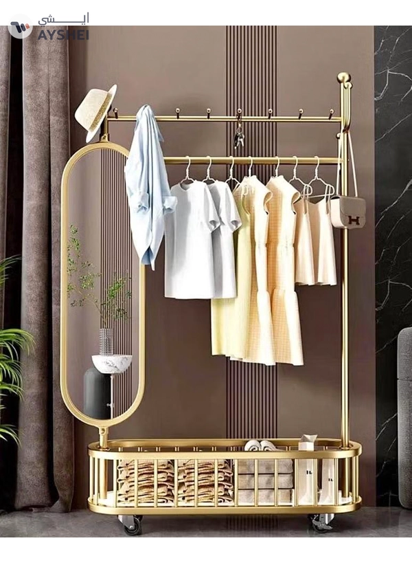  Dubai Gallery 3 In 1 Luxury Floor Standing Rotatable Clothes Hanger with Full Length Dressing Mirror, Storage Hooks and Basket, Universal Wheels, Gold Finish 80cm