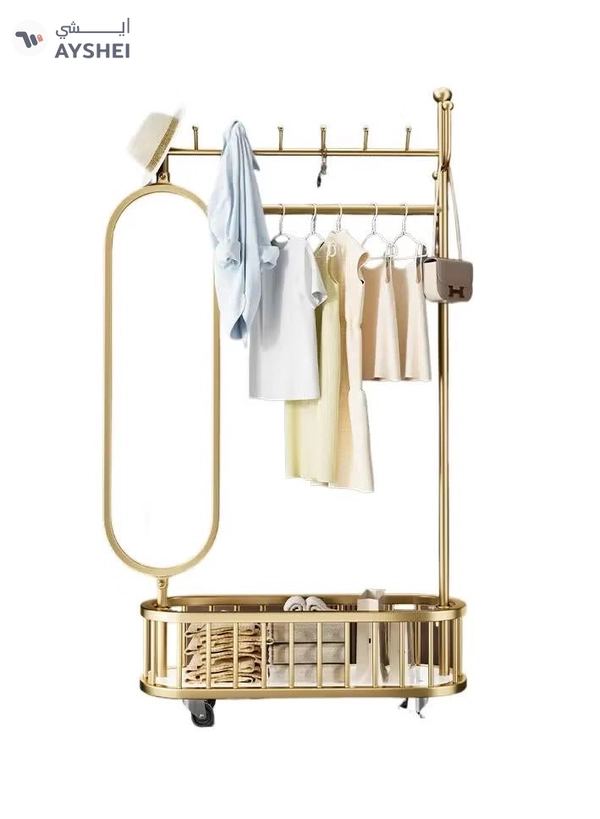  Dubai Gallery 3 In 1 Luxury Floor Standing Rotatable Clothes Hanger with Full Length Dressing Mirror, Storage Hooks and Basket, Universal Wheels, Gold Finish 80cm