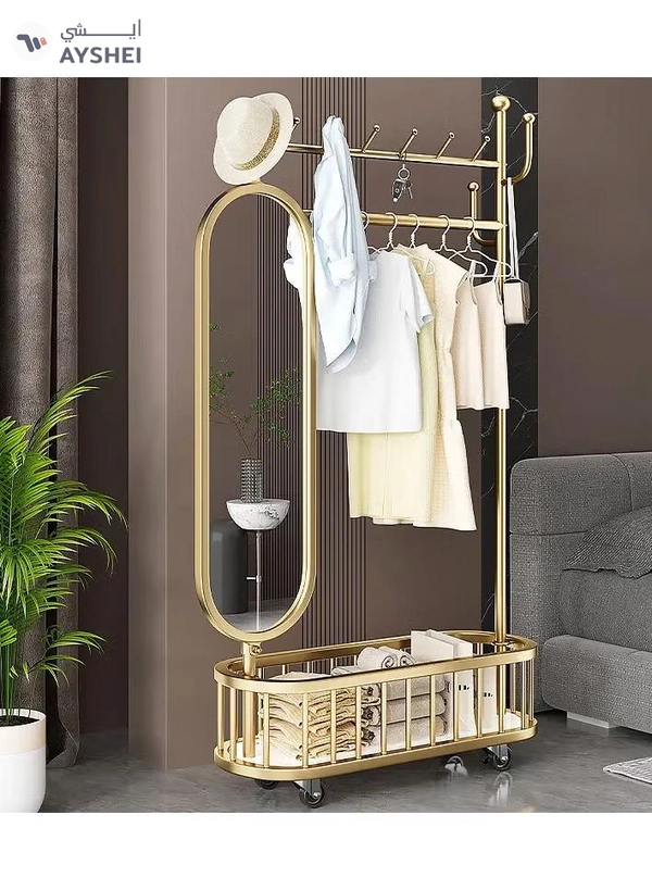  Dubai Gallery 3 In 1 Luxury Floor Standing Rotatable Clothes Hanger with Full Length Dressing Mirror, Storage Hooks and Basket, Universal Wheels, Gold Finish 80cm