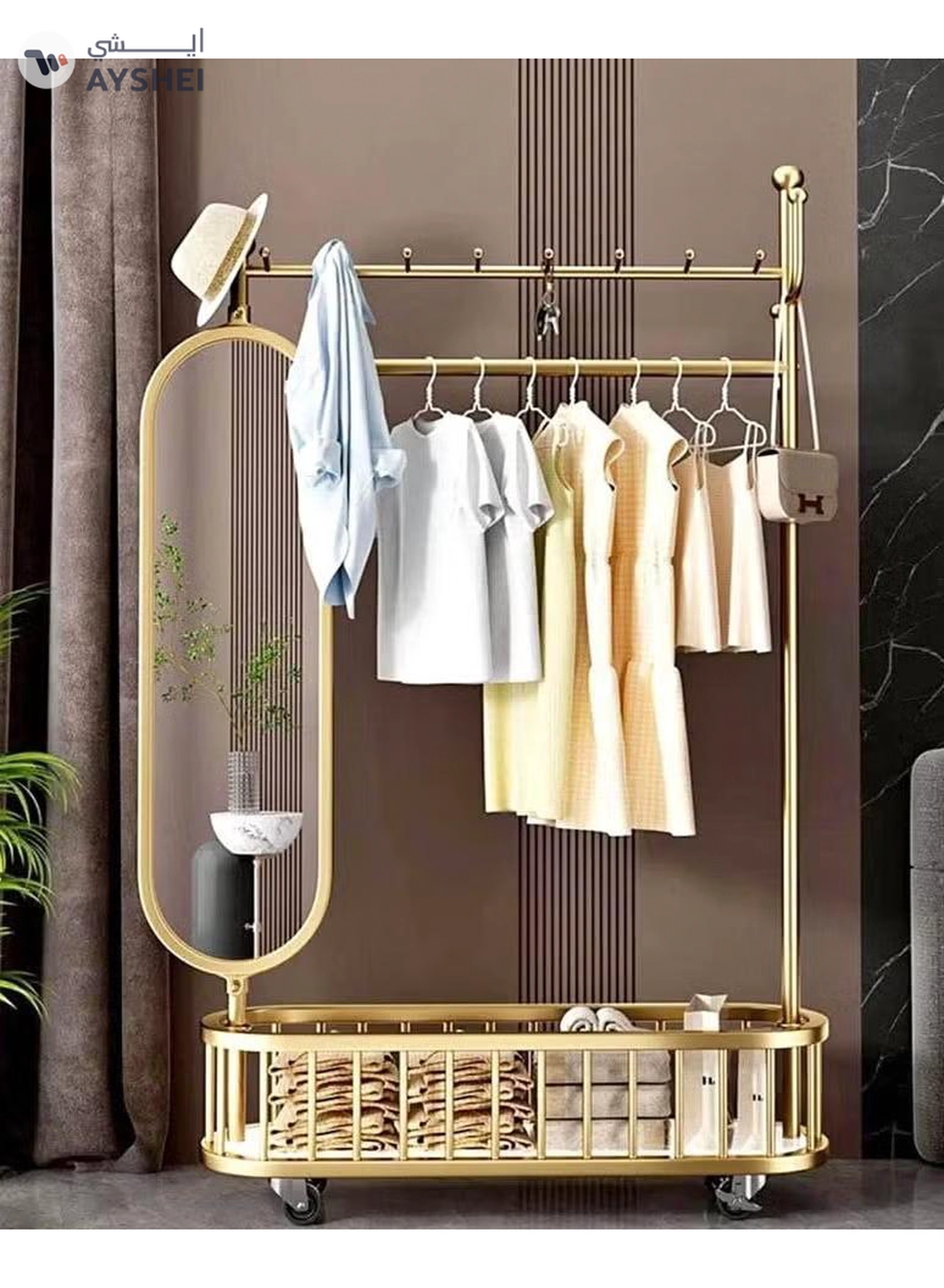  Dubai Gallery 3 In 1 Luxury Floor Standing Rotatable Clothes Hanger with Full Length Dressing Mirror, Storage Hooks and Basket, Universal Wheels, Gold Finish 80cm-1-1