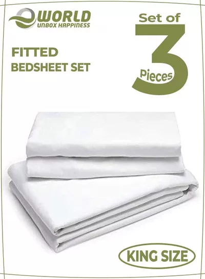 3-Piece White Cotton Fitted Bedsheet Set Includes 1 Deep-Pocket Sheet for a Snug Fit and 2 Pillow Covers, Breathable, Machine Washable for Optimal Protection-0