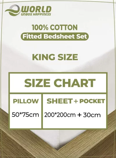 3-Piece White Cotton Fitted Bedsheet Set Includes 1 Deep-Pocket Sheet for a Snug Fit and 2 Pillow Covers, Breathable, Machine Washable for Optimal Protection-1