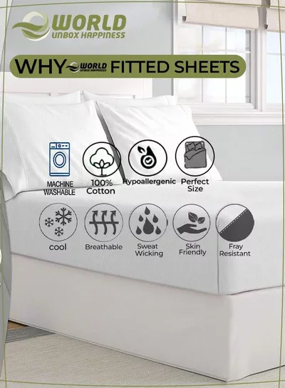 3-Piece White Cotton Fitted Bedsheet Set Includes 1 Deep-Pocket Sheet for a Snug Fit and 2 Pillow Covers, Breathable, Machine Washable for Optimal Protection-4