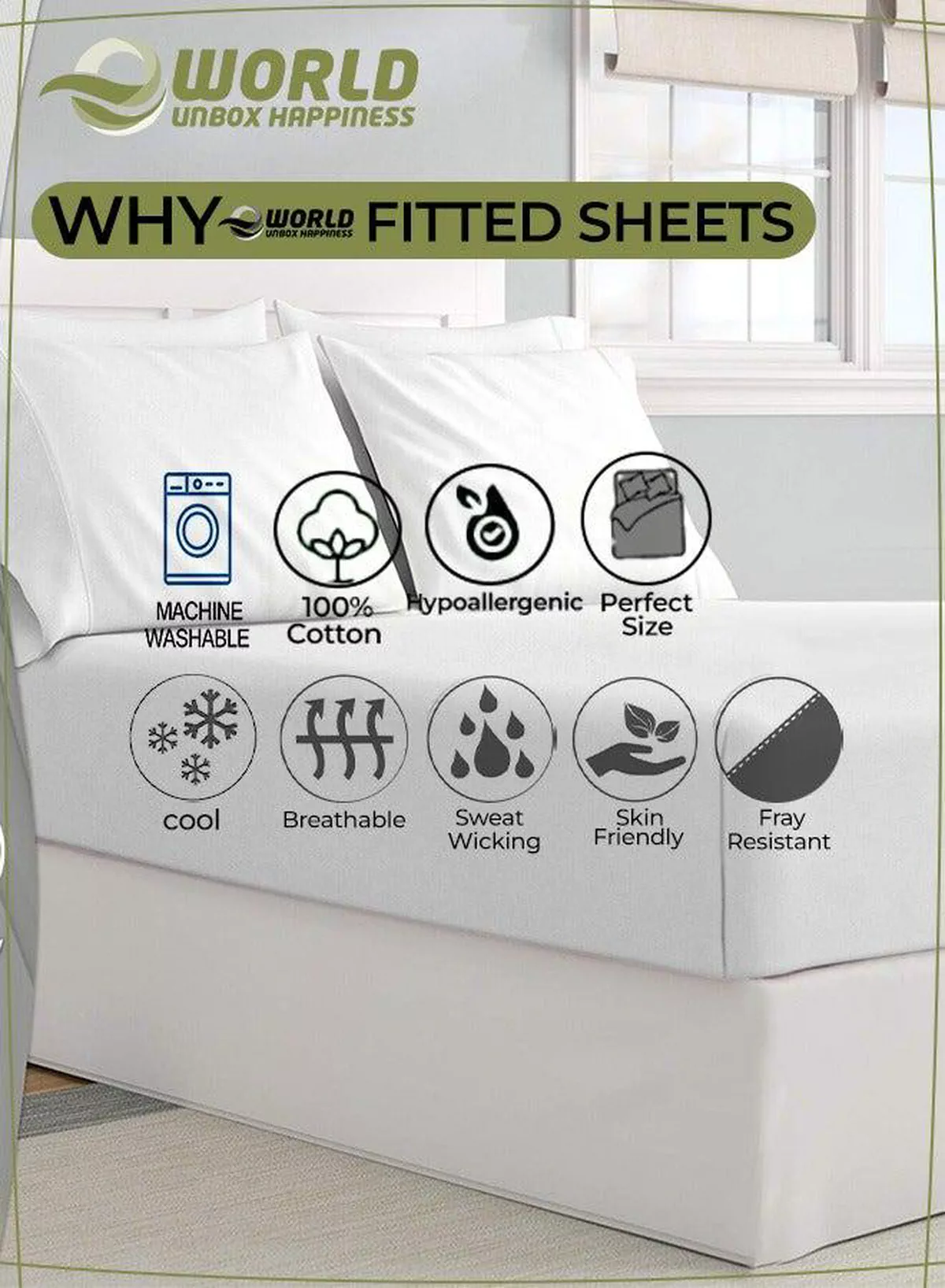 3-Piece White Cotton Fitted Bedsheet Set Includes 1 Deep-Pocket Sheet for a Snug Fit and 2 Pillow Covers, Breathable, Machine Washable for Optimal Protection-4-4