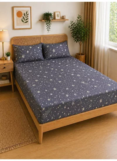 Eworld 3-Piece Fitted Bedsheet Set, Celestial Stars Pattern, 100% Cotton, 125 GSM, 1 Fitted Sheet + 2 Pillowcases – Available in King, Queen and Single Sizes-1