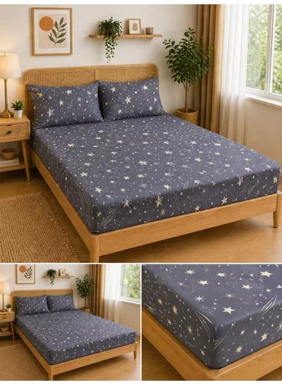 Eworld 3-Piece Fitted Bedsheet Set, Celestial Stars Pattern, 100% Cotton, 125 GSM, 1 Fitted Sheet + 2 Pillowcases – Available in King, Queen and Single Sizes-2