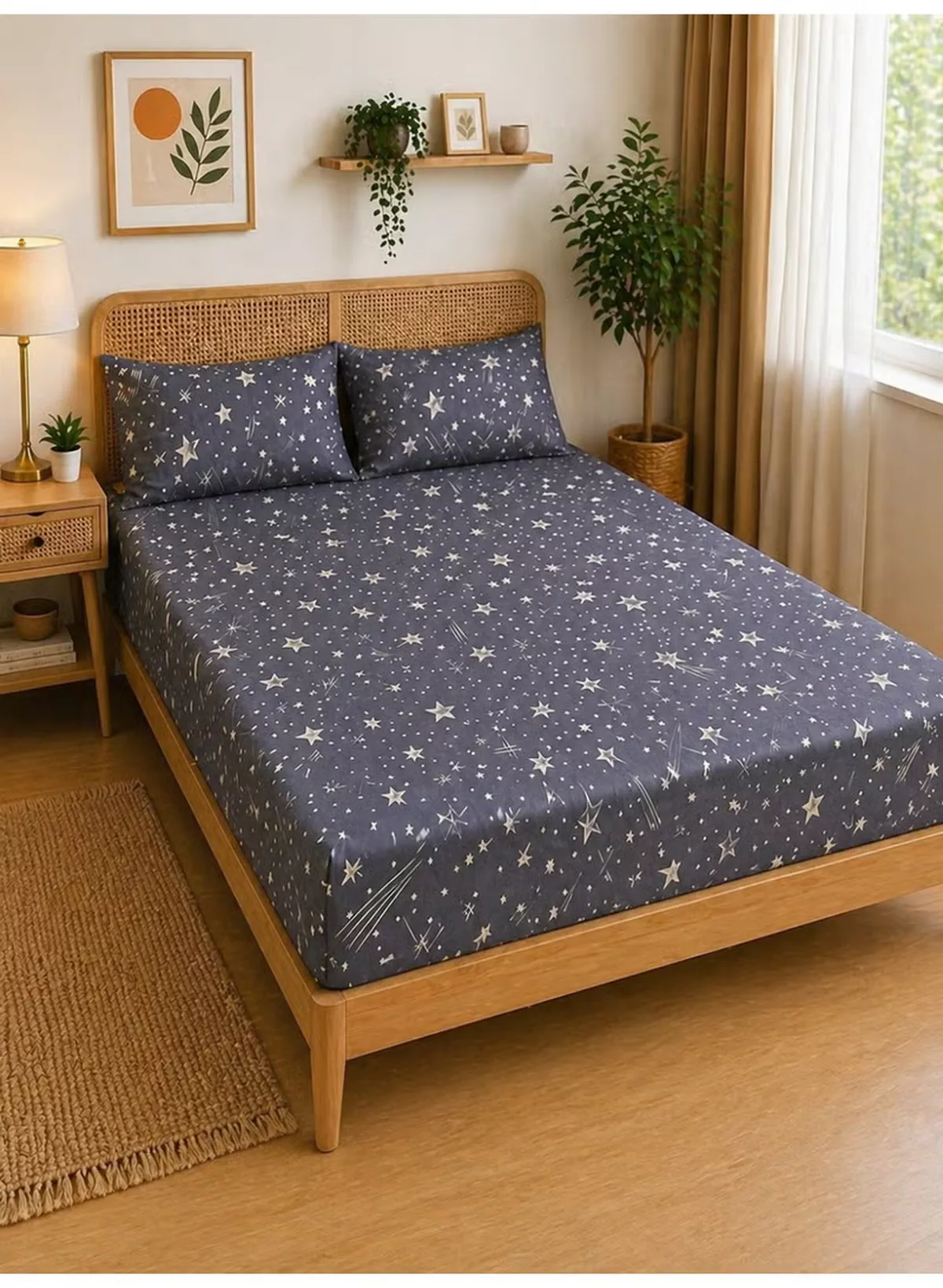 Eworld 3-Piece Fitted Bedsheet Set, Celestial Stars Pattern, 100% Cotton, 125 GSM, 1 Fitted Sheet + 2 Pillowcases – Available in King, Queen and Single Sizes-1-1