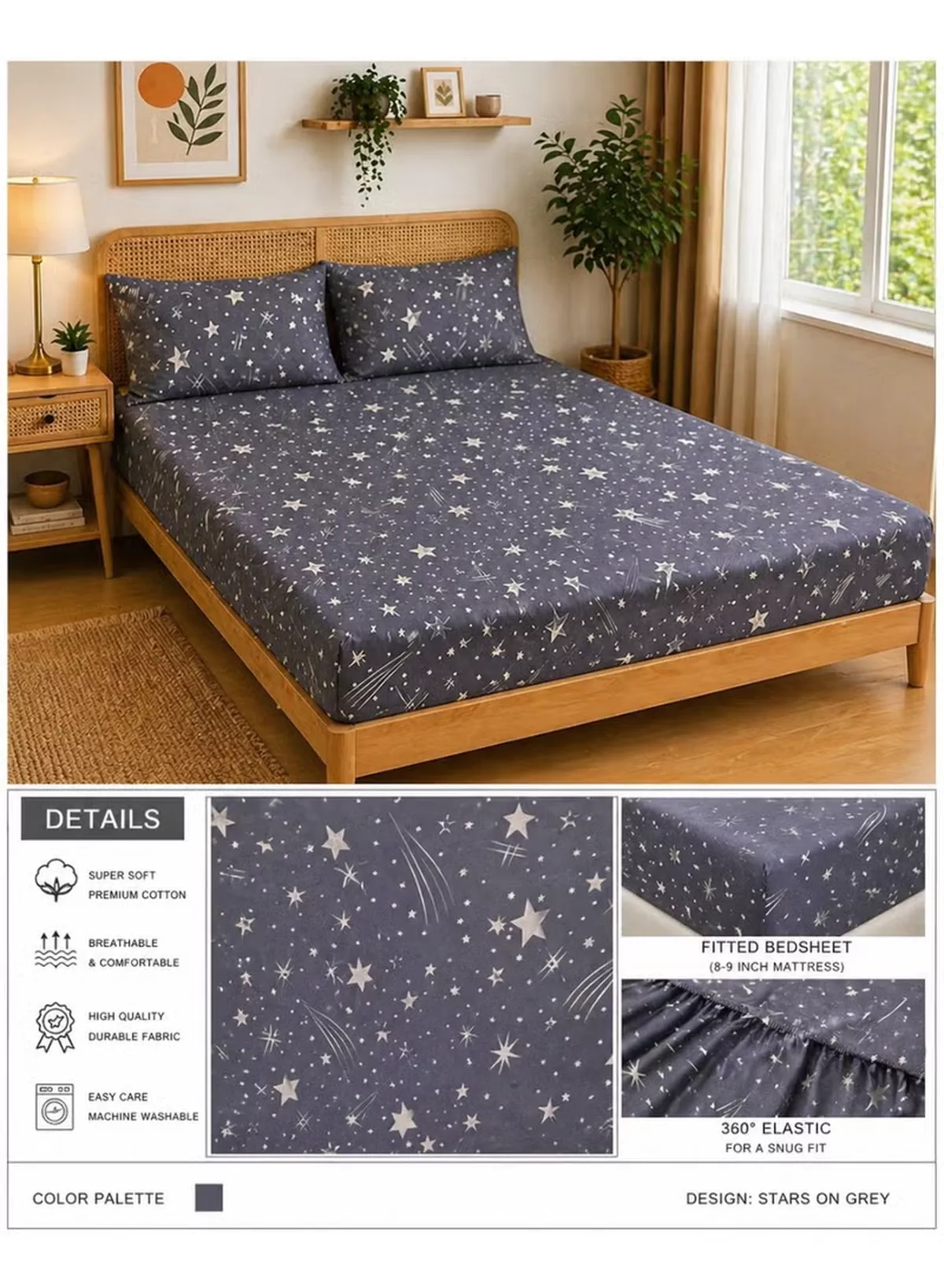 Eworld 3-Piece Fitted Bedsheet Set, Celestial Stars Pattern, 100% Cotton, 125 GSM, 1 Fitted Sheet + 2 Pillowcases – Available in King, Queen and Single Sizes